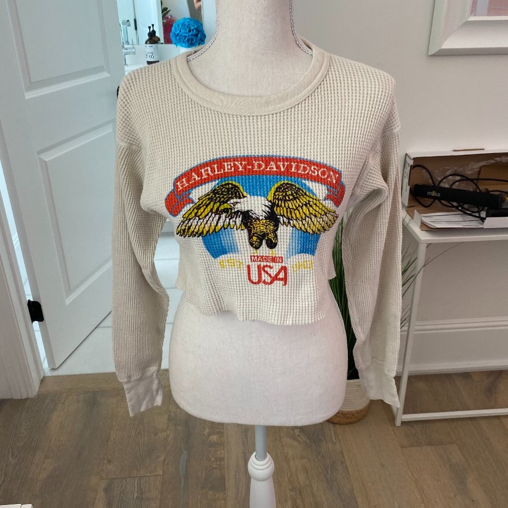 Harley-Davidson Cream Waffle Knit Crop Top with Multicolor Eagle Graphic